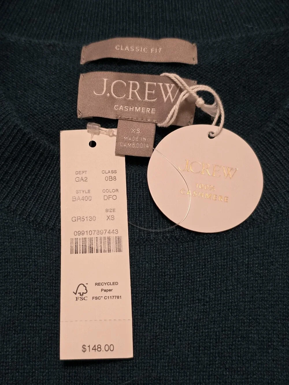 J. Crew Cashmere Classic Fit Crewneck Sweater in Dark Forest Size XS NWT